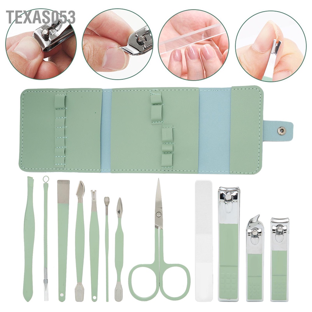 Texas053 12 cái Bộ làm móng tay bằng thép không gỉ chân con dao kéo lông mày Earpick Nail Clipper Set (Mint Green)