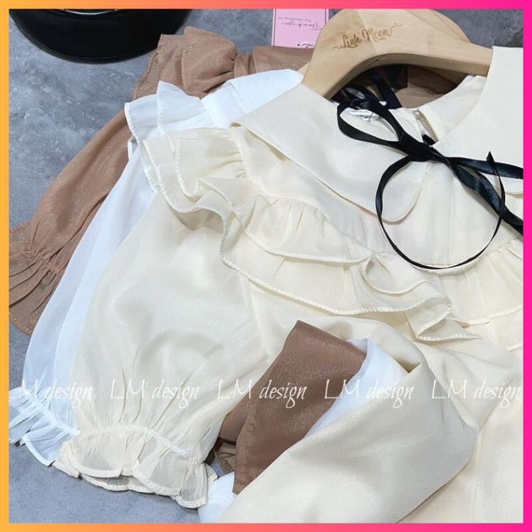 Áo sơ mi tơ cổ sen bèo nhún cộc tay xinhh, Áo sơ mi bánh bèo kèm nơ - MOONMY | BigBuy360 - bigbuy360.vn