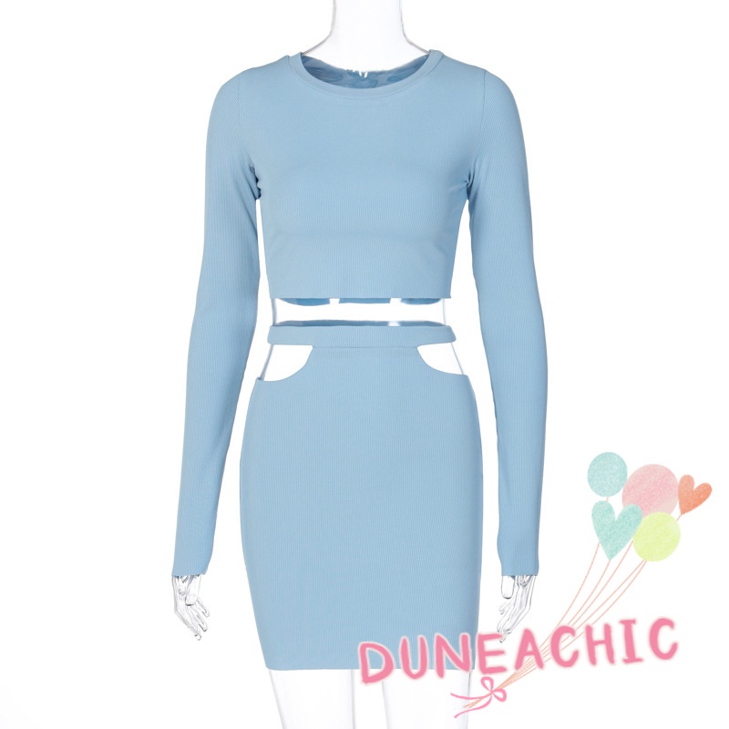 DUNEA Set Áo Croptop Tay Dài + Chân Váy Xẻ Tà Thời Trang Cho Nữ