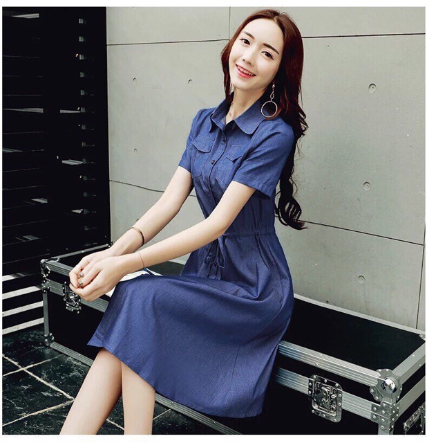 Đầm jean xoè eo dây rút