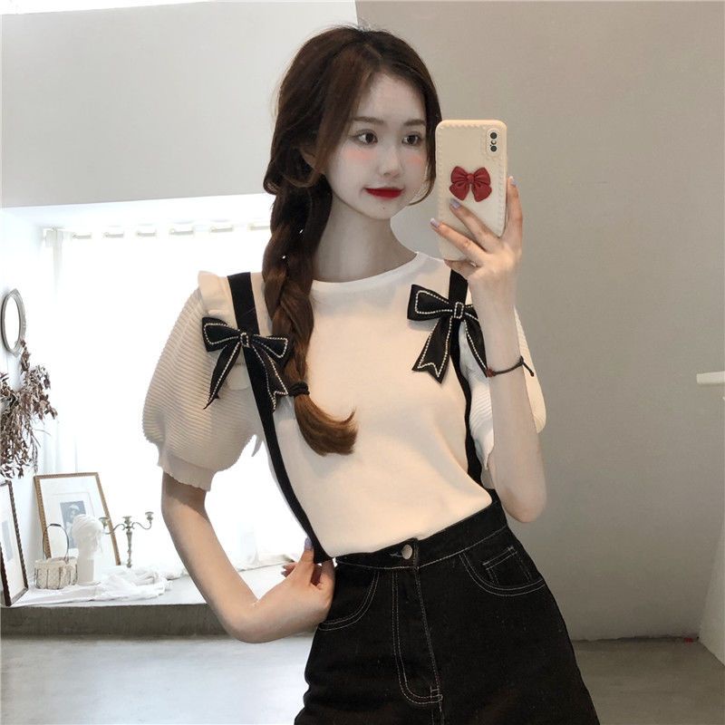 Áo Thun Tay Ngắn Hở Vai Dáng Ôm Phối Nơ Phong Cách Phương Tây Dành Cho Nữ  tao bao