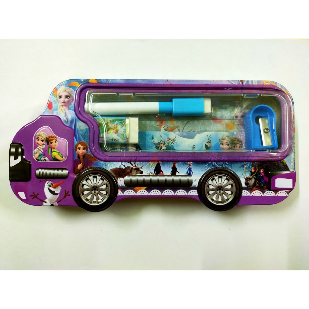 Hộp bút sắt hình ô tô 2 ngăn in hình Doreamon,siêu nhân,người nhện xe hơi,elsa,công chúa,chuột mickey