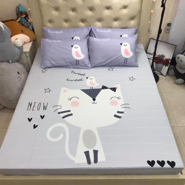 BỘ GA GỐI COTTON POLY 5D - MÈO GHI