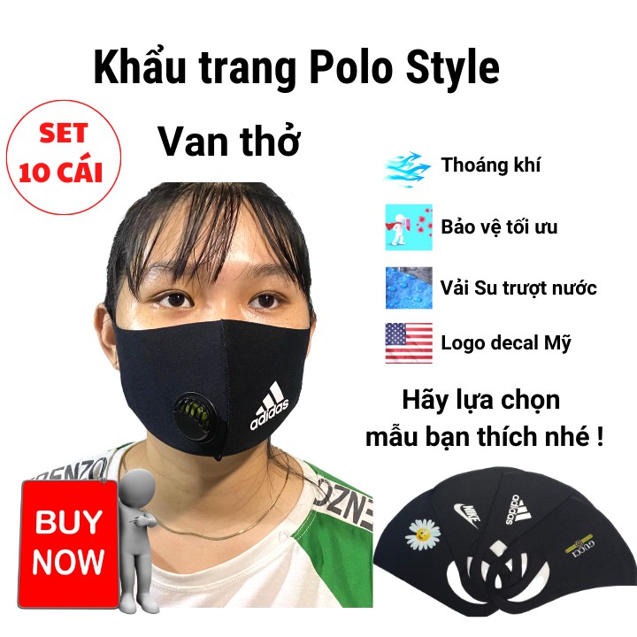 10 khẩu trang vải Polyester in Logo có van thở POLO Style - Dễ thở, đeo thoải mái không đau tai, giặt được