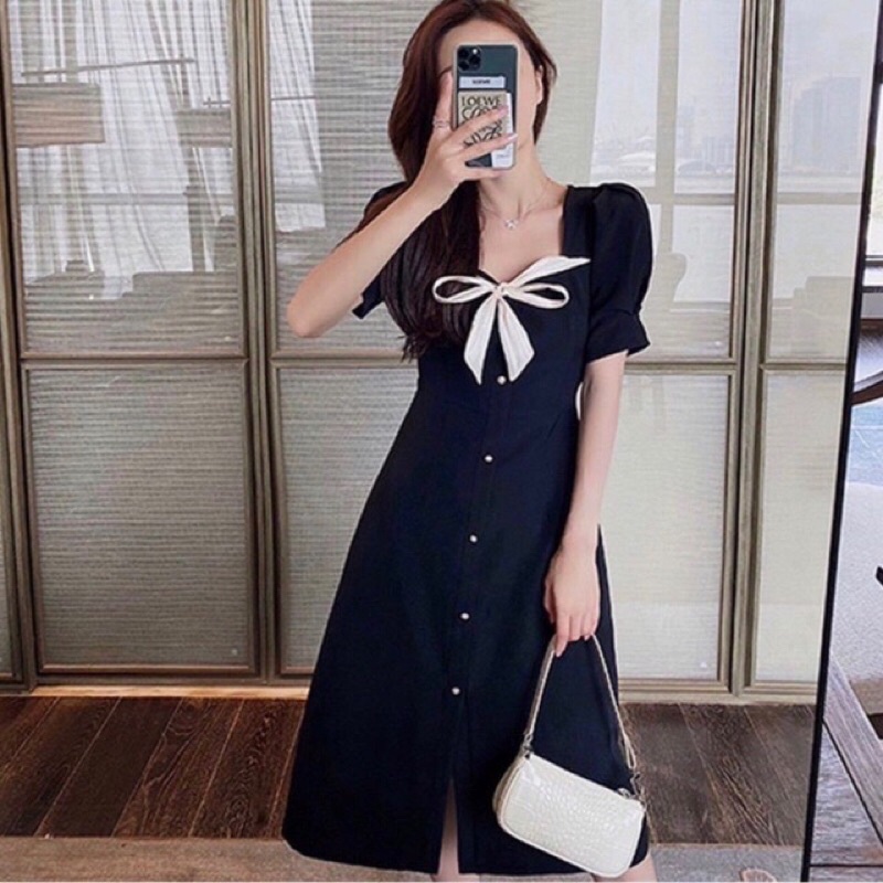 Đầm tiểu thư BlaPink Thiết kế nơ vàng sang trọng,Form chuẩn đẹp - SPIA DRESS T207 | BigBuy360 - bigbuy360.vn