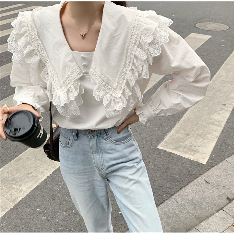 (ORDER) Áo sơ mi nữ dài tay cổ bẻ rộng phối ren búp bê style Hàn Quốc ( HÀNG_MỚI )