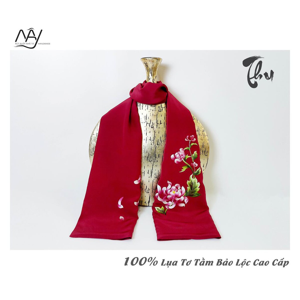 Khăn lụa thêu tay hoa cúc màu đỏ booc đô- quà tặng đối tác, quà tặng sếp nữ, quà tặng ngoại giao cao cấp, sang trọng