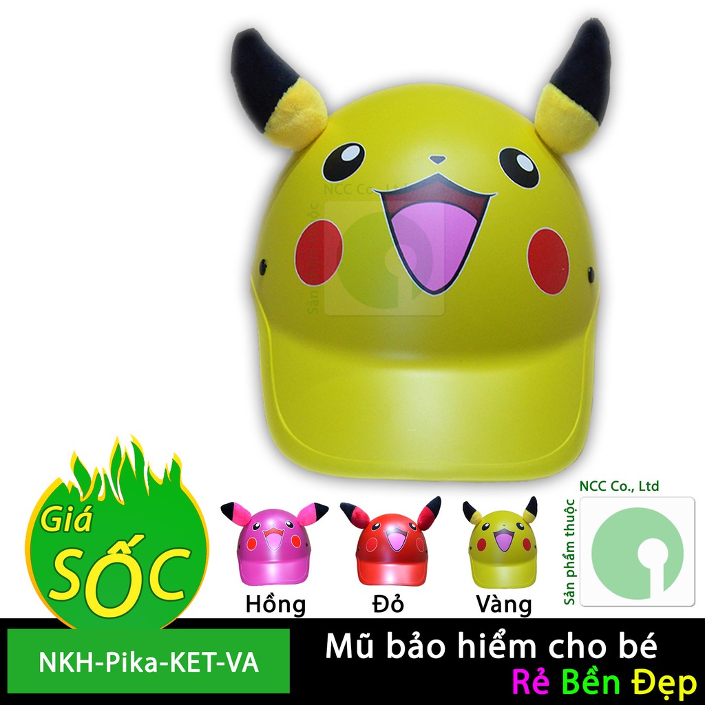 Mũ nón bảo hiểm cho bé 3-4 tuổi - Tem nhãn hình mặt và tai Pikachu mũi két - NKH-Pika-KET-D (Nhiều màu)