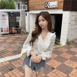 Áo croptop xô cổ V bèo đáp chéo ulzzang xinh xinh kiểu Hàn Quốc