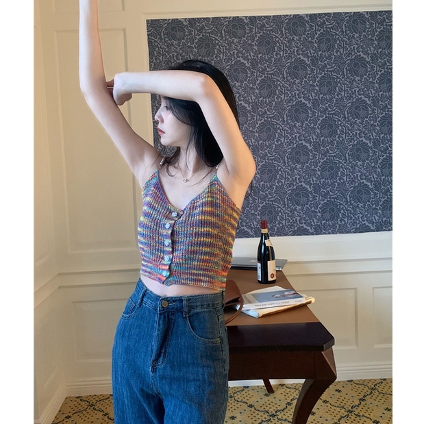 XIAO ZHAI NV QADCOL Áo Hai Dây Cổ Chữ v Màu Sắc retro Phong Cách Pháp Thời Trang Mùa Hè Cho Nữ