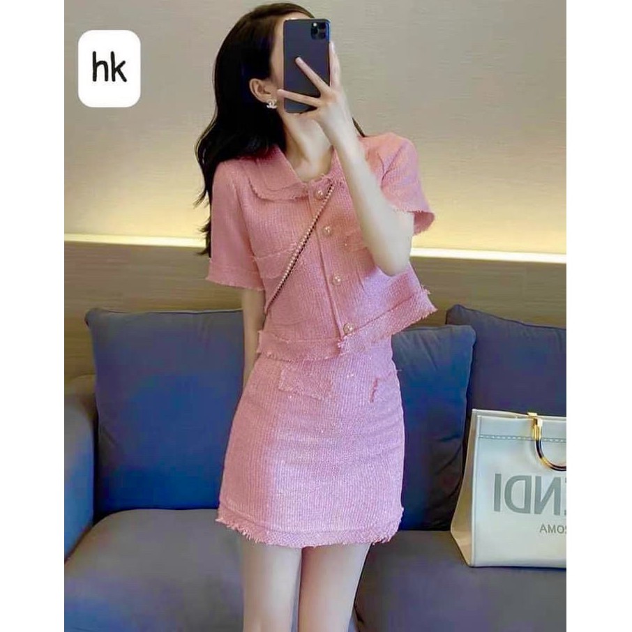 Set dạ weet thiết kế cho nữ tua rua hồng mềm mịn Mẫu mới 2023
