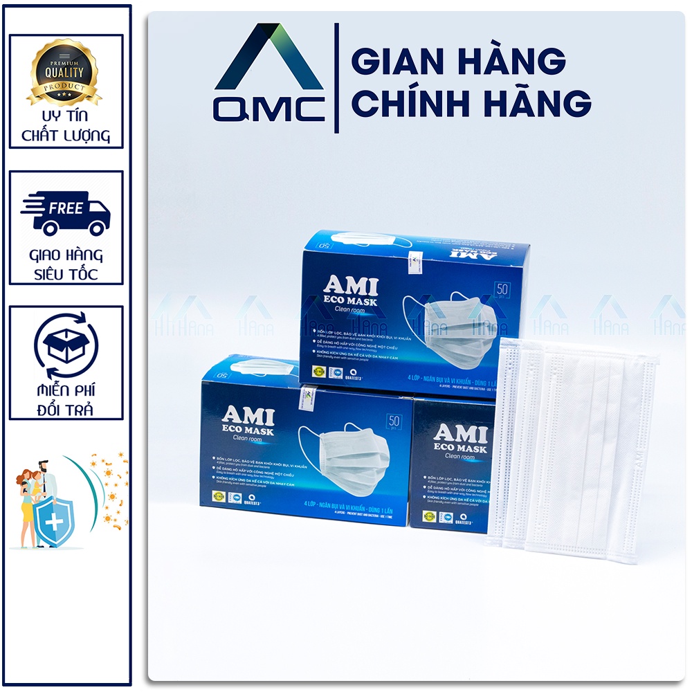 [Mã COSDAY giảm 8% đơn 150K] Khẩu trang y tế, Khẩu trang Ami 4 lớp màu trắng, hộp 50c, hàng chính hãng #qmc