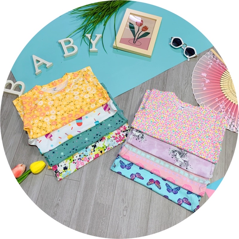 Áo bé gái thun cotton xuất dư vải siêu mềm mịn co giãn hoạ tiết xinh xắn 10-27kg