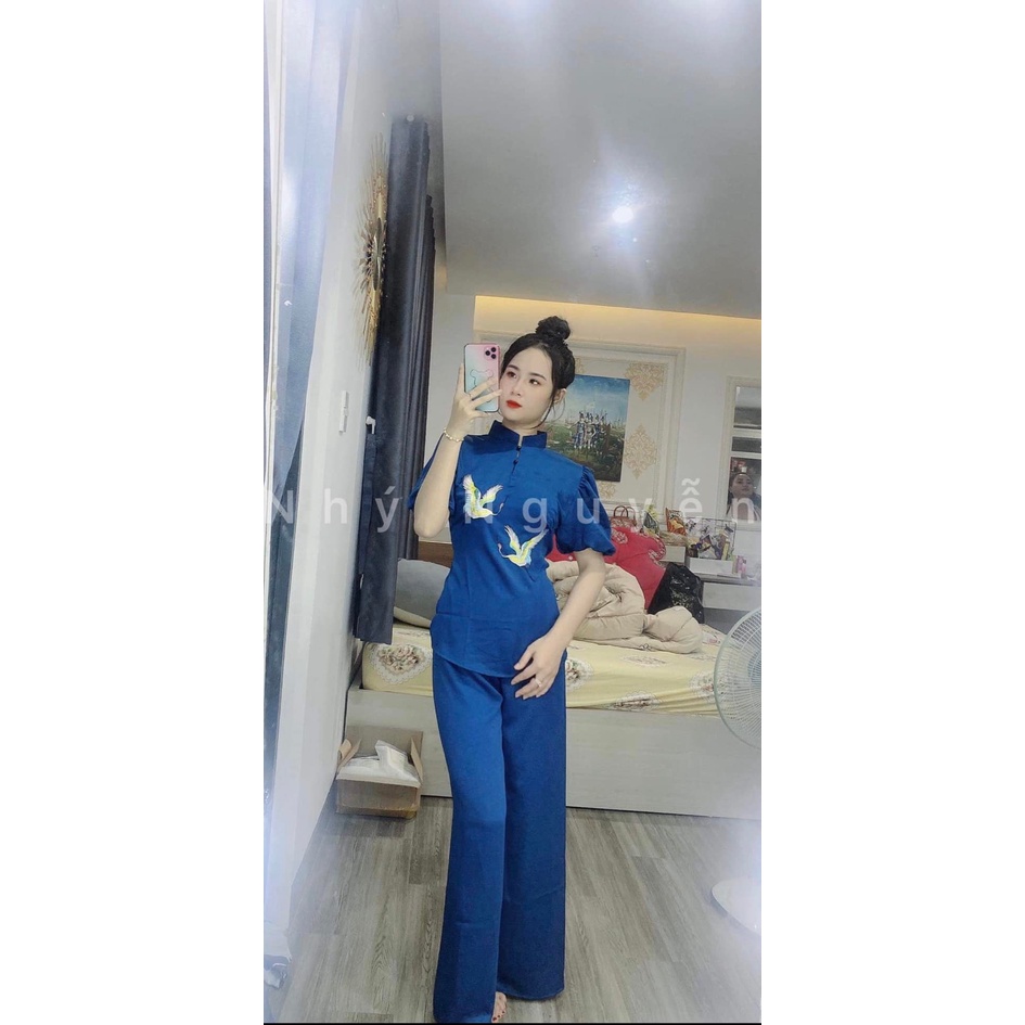 ( HCM ) Mẫu Phật Tử Thêu Hạc Chất Vải Cát Nhung MÀU XANH