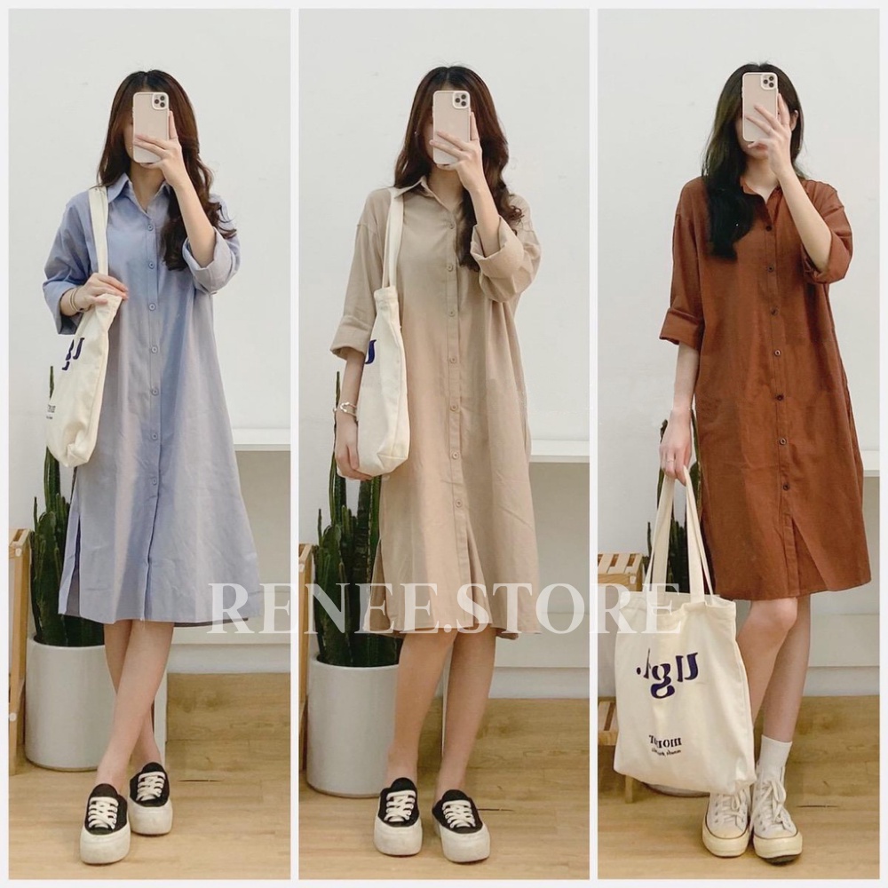 Váy sơ mi dáng dài, đầm sơ mi chất thô màu vintage Renee - V662