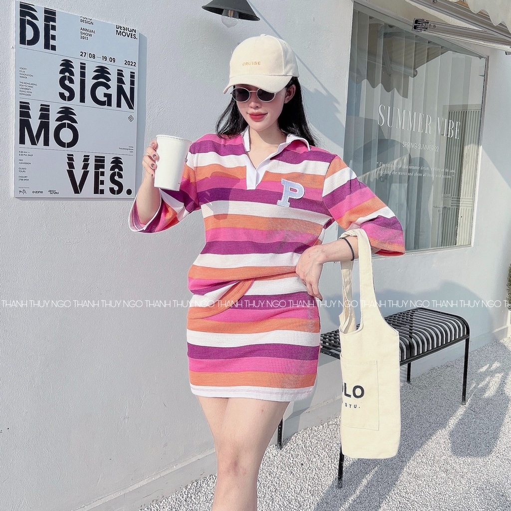 Set Váy Polo Kẻ Ngang THUYNGOTHANH áo dáng rộng phối chân vây ngắn