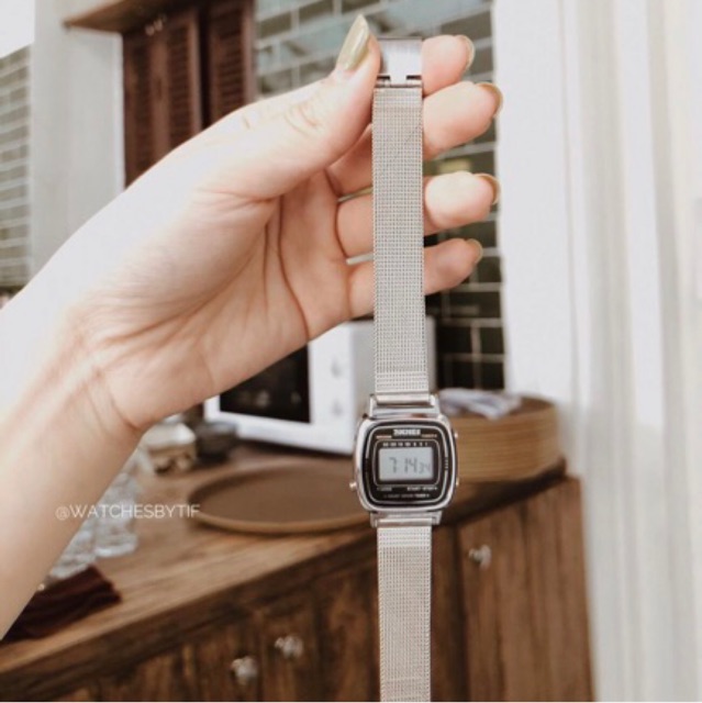 Đồng hồ nữ điện tử mặt nhỏ SKMEI MESH bạc mặt đen đồng hồ thời trang cá tính Watchesbytif size 22mm kèm báo thức bấm giờ