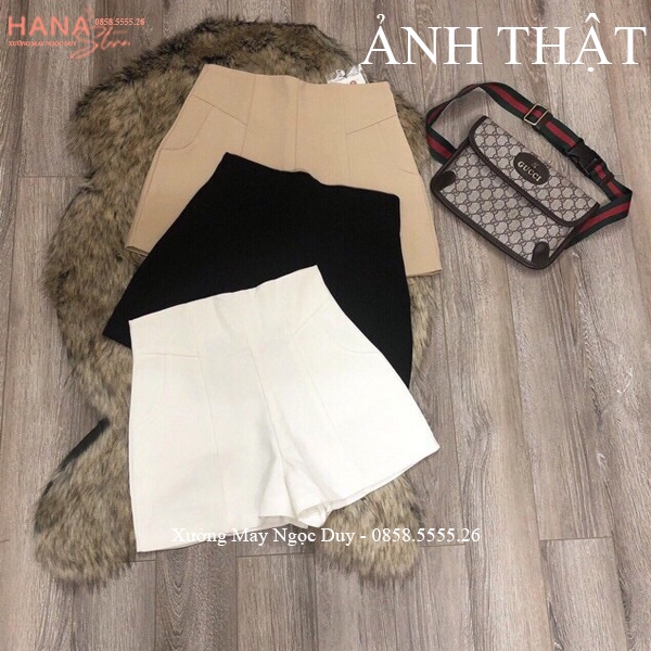 Quần short nữ cạp cao liền gen bụng ôm cá tính màu Đen Trắng vải tuyết mưa mềm dáng quần sooc đùi nữ công sở đi biển học