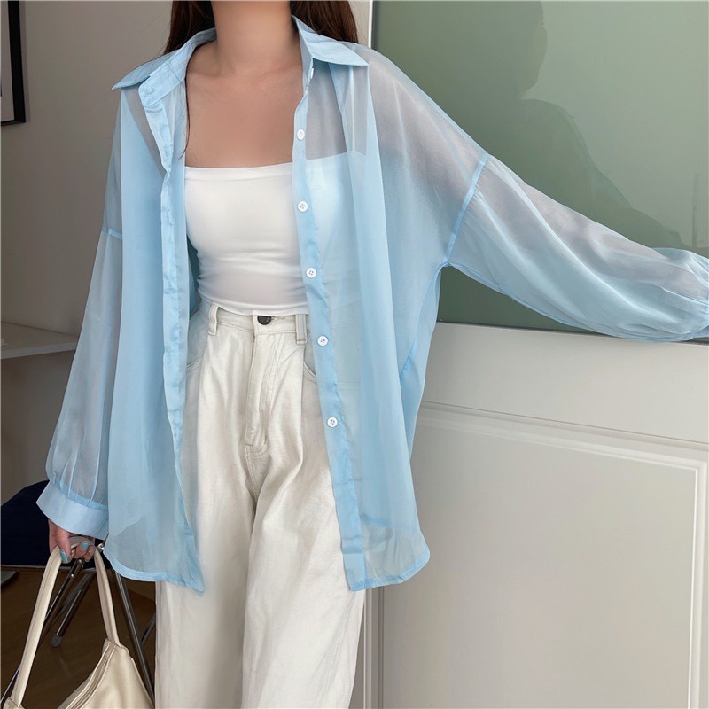 Áo sơ mi nữ đi biển voan tàng hình - Áo khoác nhẹ oversize mix cùng 2 dây siêu xinh