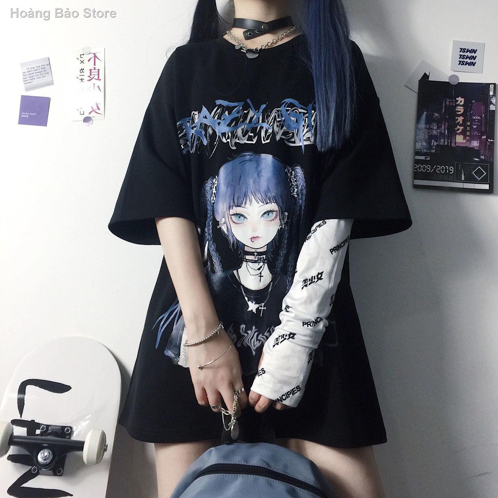 ☾❆2021 mới áo phông ngắn tay hip-hop nữ mùa hè Harajuku phong cách JK rộng rãi màu đen sẫm cỡ lớn trong quốc triều