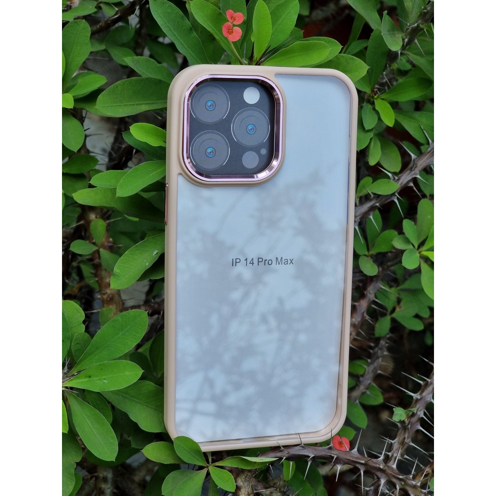 Ốp lưng X&M trong kính viền màu cho iPhone 14, 14 Max, 14 Pro, 14 Pro Max vành camera bọc nhôm sang trọng