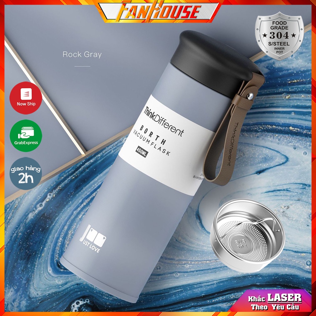 Bình nước Think Love giữ nhiệt 12h Fan House ly nước cao cấp chính hãng 450ml chất liệu inox 304 móc treo bằng da thật