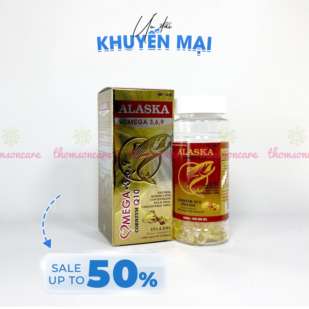 Dầu cá Alaska Hộp 100 viên bổ sung Omega 3 6 9, DHA EPA, có thêm dầu hoa anh thảo và coenzym q10, bổ mắt và tim mạch