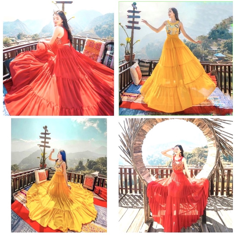 Đầm Vintage, Váy Maxi Đi Biển V112A, Chất Voan Mềm Mát, Màu Đỏ Phối Thổ Cẩm, Siêu Phẩm Của Tín Đồ Sống Ảo, Mẫu Mới 2022