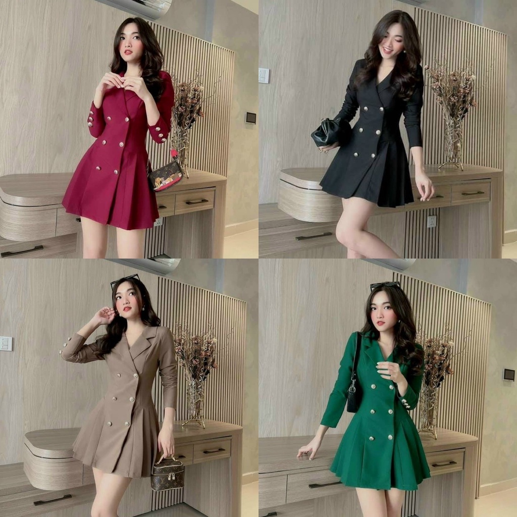 Váy đầm nữ dáng xòe cổ vét đính nút xinh xắn