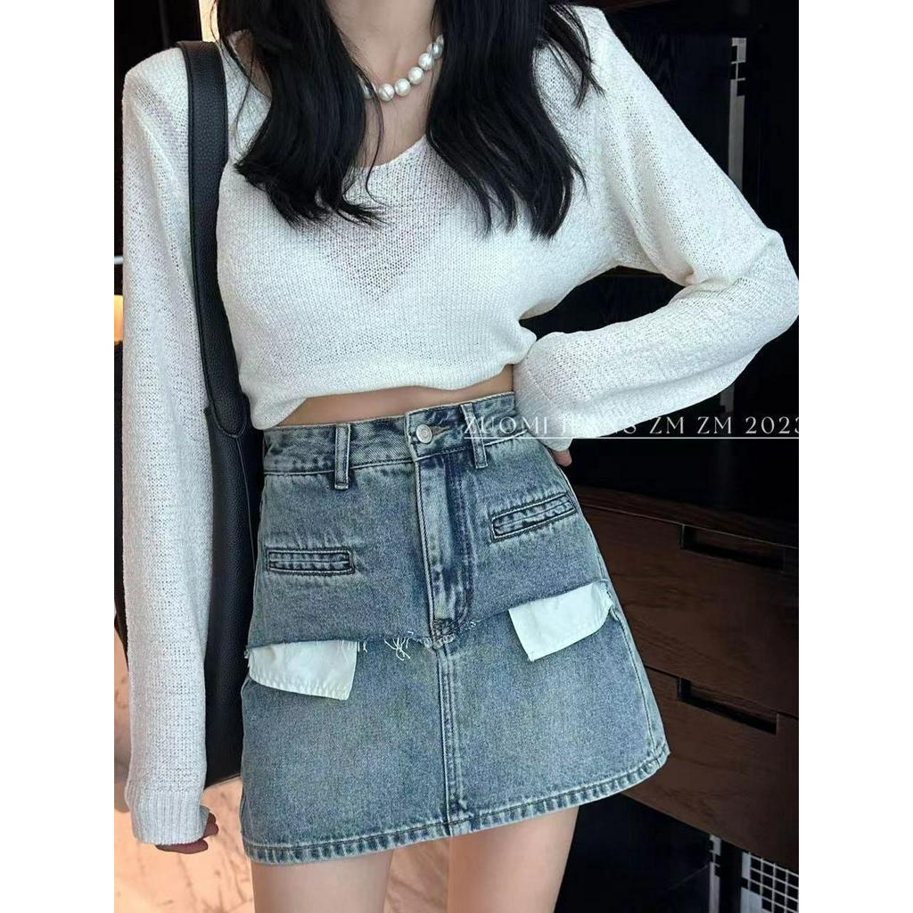 Chân váy bò hở túi phong cách Hàn Quốc cực xinh,chân váy cạp cao hot trend