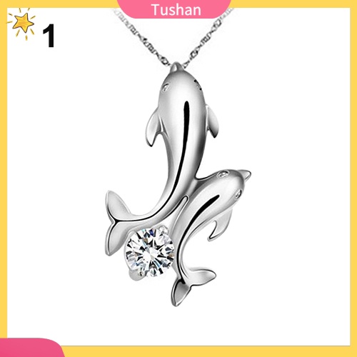 TUSH_Cute Silver Plated Double Dolphins Pendant Charm Chain Necklace Lady Jewelry