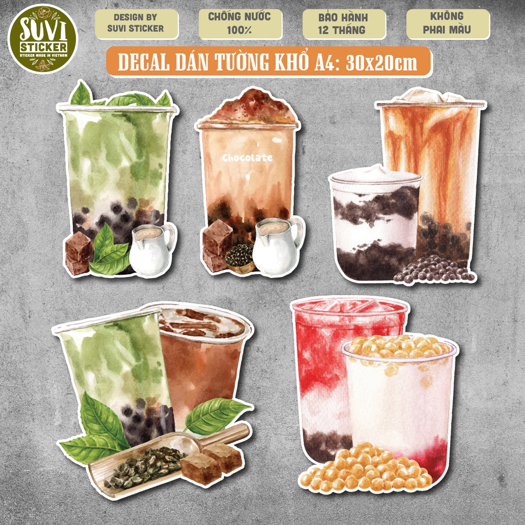 Decal Trà Sữa khổ lớn trang trí tường, dán kính, trang trí quán cà phê khổ A4 chống nước. MSP: KL21