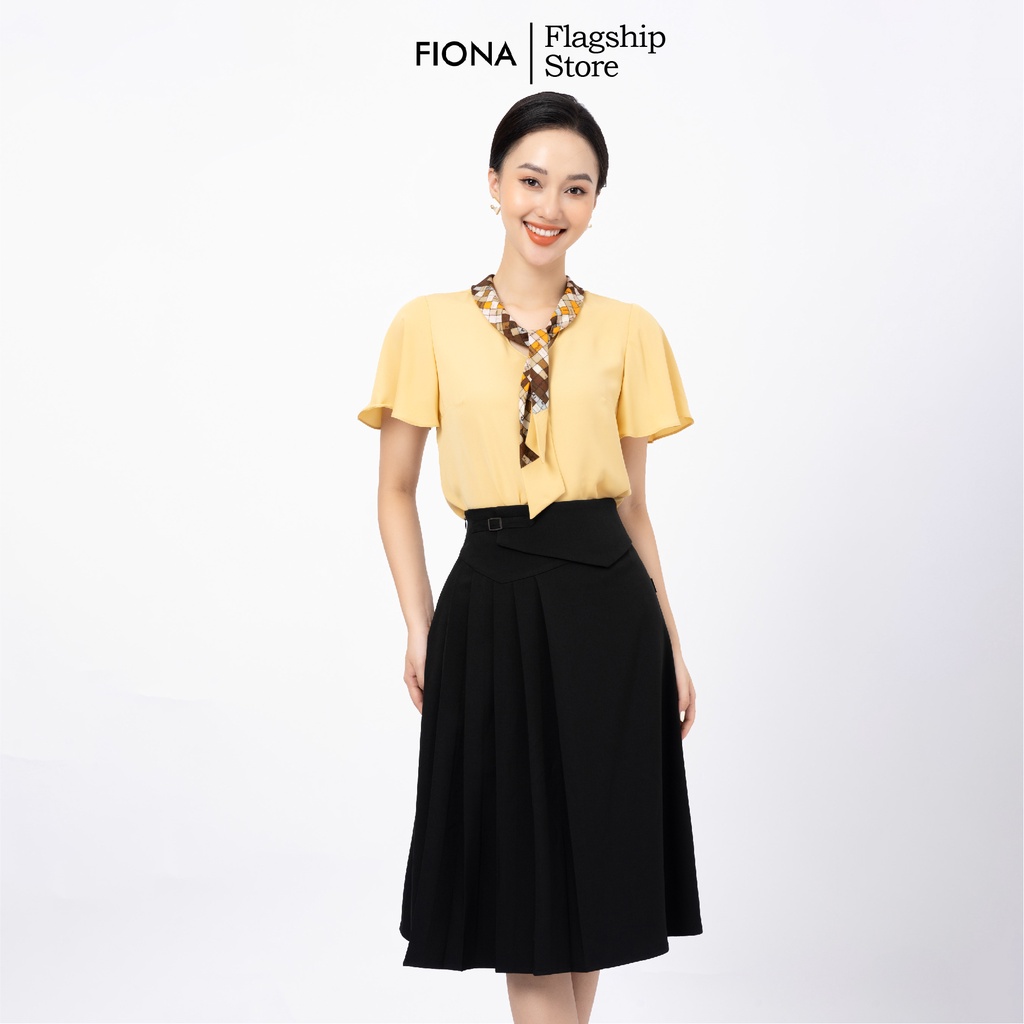 Chân váy xếp ly lệch dáng dài FIONA, chân váy công sở đẹp đai bong trang trí cạp bản to màu đen F251178