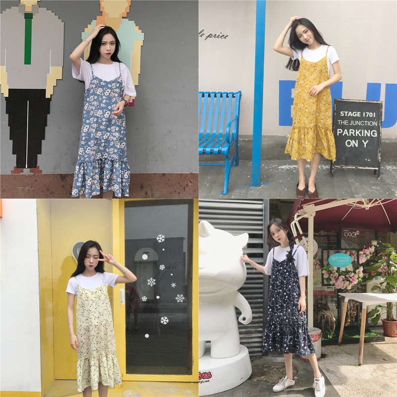 váy ulzzang đầm vintage dài váy yếm hoa nhí kiểu dáng hàn quốc (k kèm áo) | BigBuy360 - bigbuy360.vn