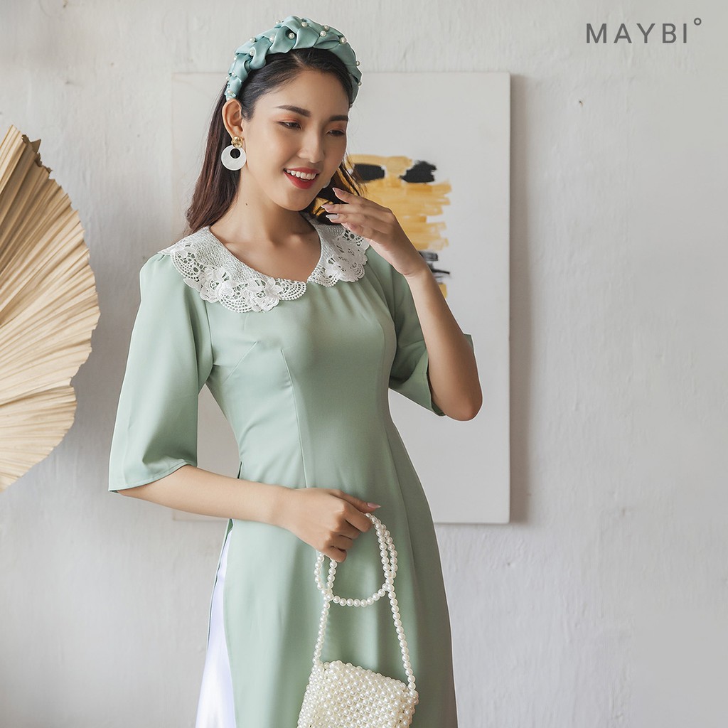 Áo dài Maybi ôm xanh mint phối cổ ren trắng