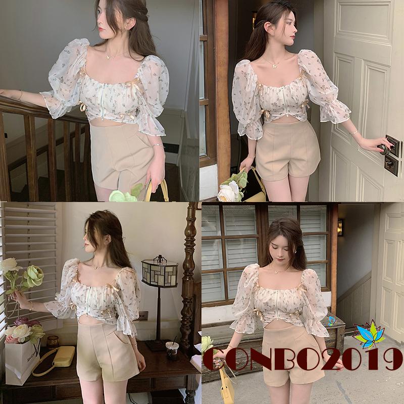 Áo croptop cổ vuông tay phồng in họa tiết hoa phối khóa kéo thời trang xuân hè cho nữ