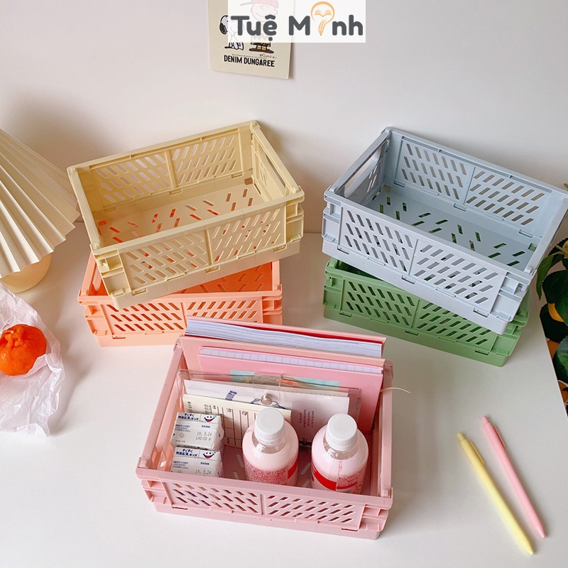 Kệ giỏ nhựa mini đựng đồ dùng lắp ráp K37 VPP Tuệ Minh, rổ nhựa chưa đồ màu Pastel