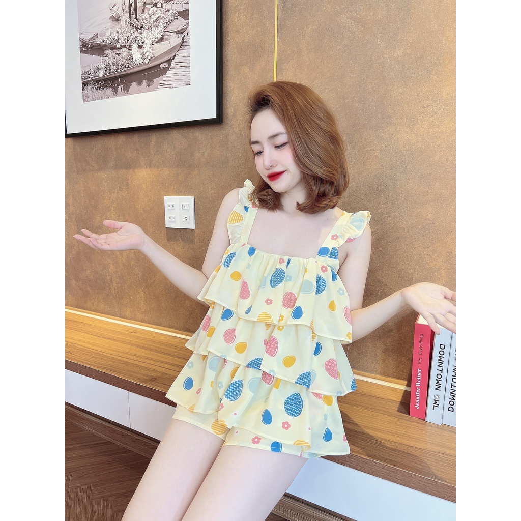 Đồ ngủ nữ, bộ ngủ nữ sexy hai dây gợi cảm chất mango cao cấp bigsize dưới 65kg 3 tầng - DuVee Lady