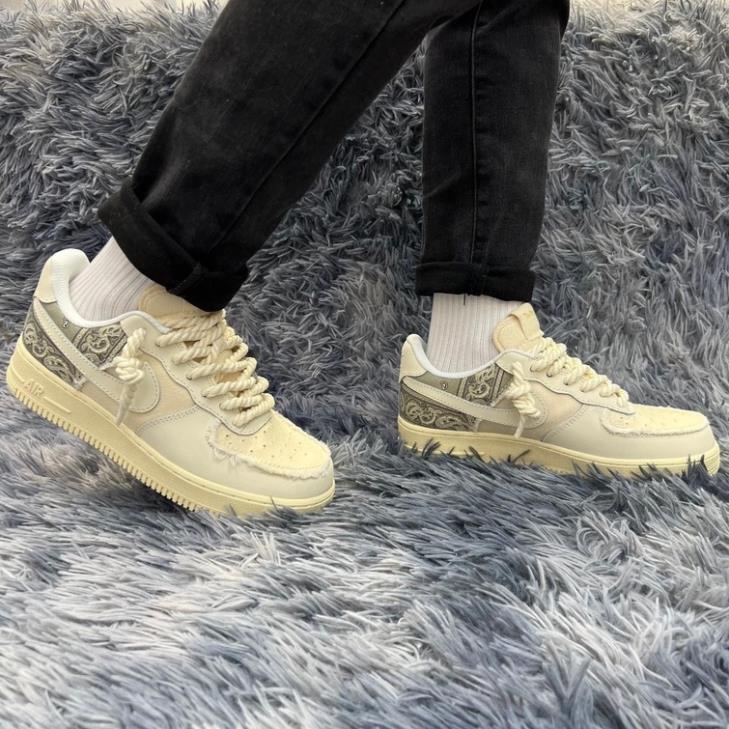 👟giaynambac👟Giày thể thao AF1 dây thừng thổ cẩm, sneaker air force 1 dây trạc họa tiết màu xám kem cực hot full hộp