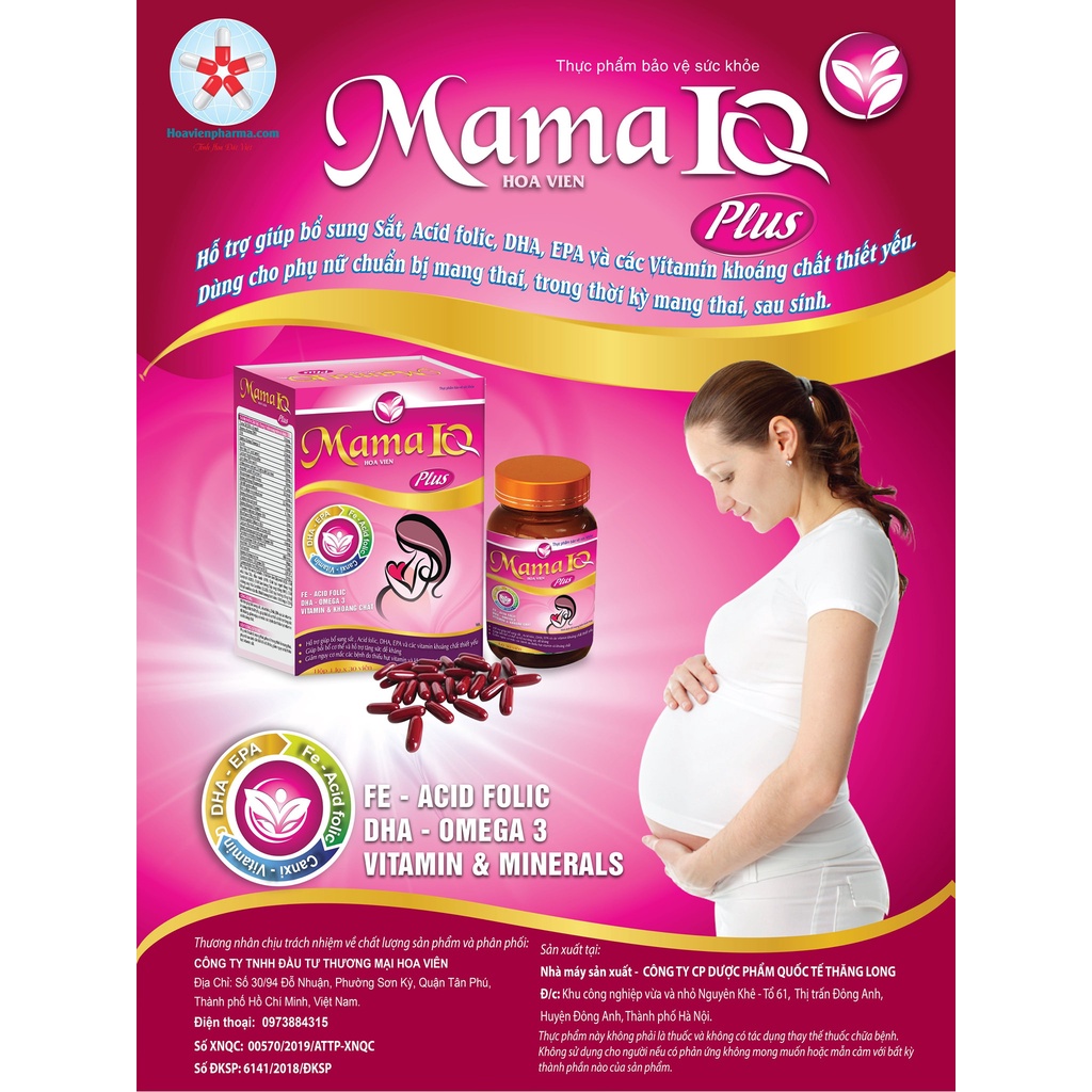 Mama IQ Plus Hoa Viên, Hỗ trợ giúp bổ sung sắt-acid folic-DHA-EPA và các vitamin - khoáng chất.