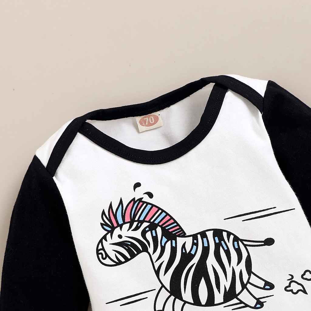 Bộ đồ 3 món MIKRDOO gồm áo liền quần dài tay in họa tiết ngựa vằn + quần + mũ phong cách mùa thu cho bé sơ sinh