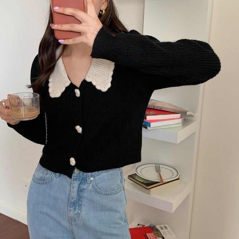 Áo Khoác Cardigan Dệt Kim Cổ Búp Bê Màu Xanh Dương Phong Cách Retro Thời Trang Thu Đông Cho Nữ
