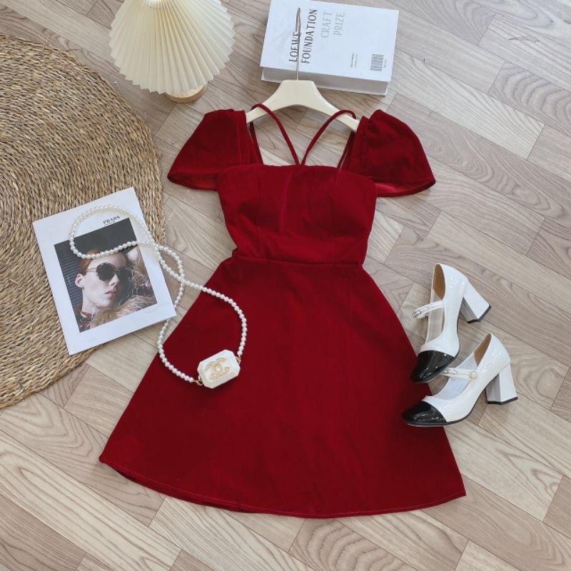 Váy đầm nhung xoè tay bồng cổ V phối dây siêu hot L1 ptp ln