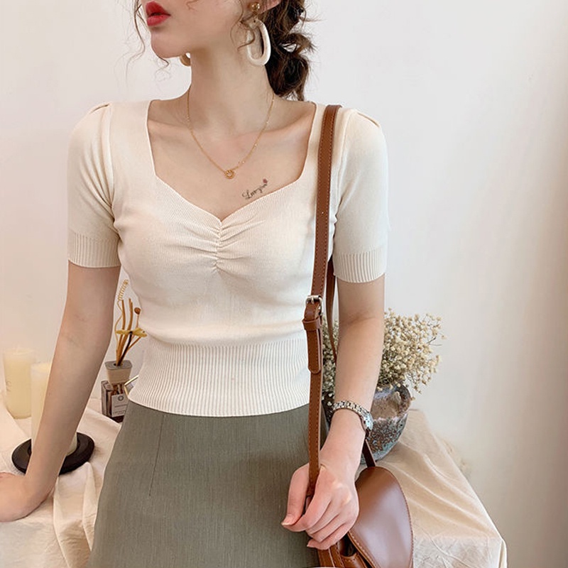 Áo Thun Dệt Kim Tay Ngắn Cổ Chữ V Phong Cách Hàn Quốc Thời Trang Mùa Hè Mới Dành Cho Nữ