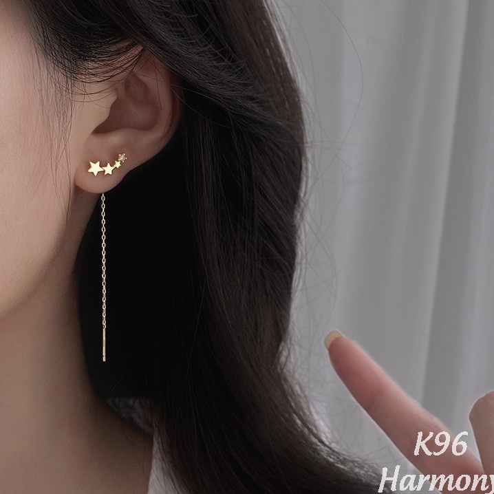 Khuyên tai nữ bạc dài ngôi sao đính đá mạ vàng Gold Star độc đáo, xinh xắn | HARMONY ACCESSORIES K96