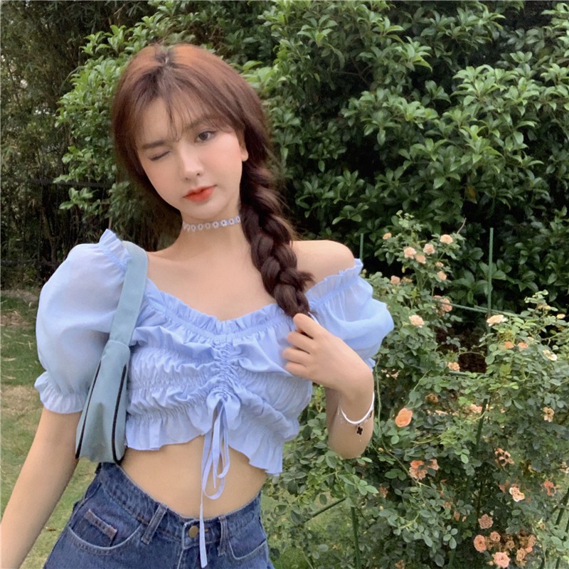 Áo Kiểu Tay Ngắn Cổ Thuyền Phối Dây Thắt Xinh Xắn Cho Nữ | BigBuy360 - bigbuy360.vn