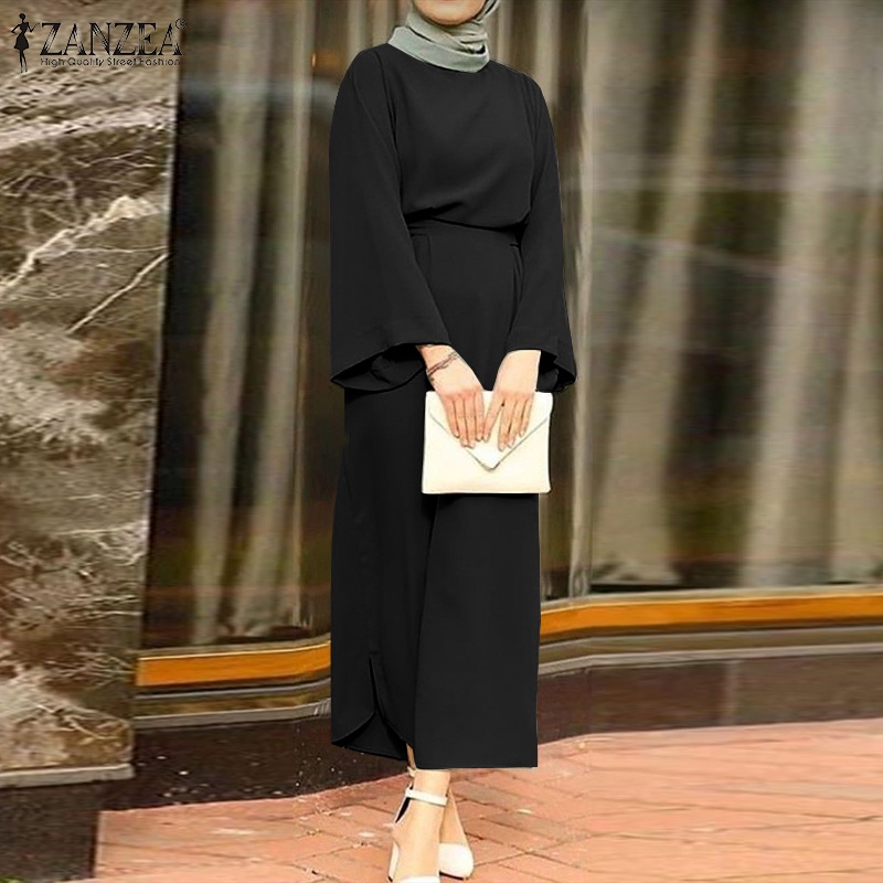 Zanzea Bộ Áo Tay Dài Ống Loe Kèm Quần Dài Lưng Thun Màu Trơn Dành Cho Phụ Nữ Hồi Giáo