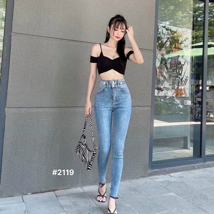 Quần jean nữ lưng cao siêu co giãn kiểu lưng cài 2 nút hàng VNXK thời trang bigsize 2KJean MS2119