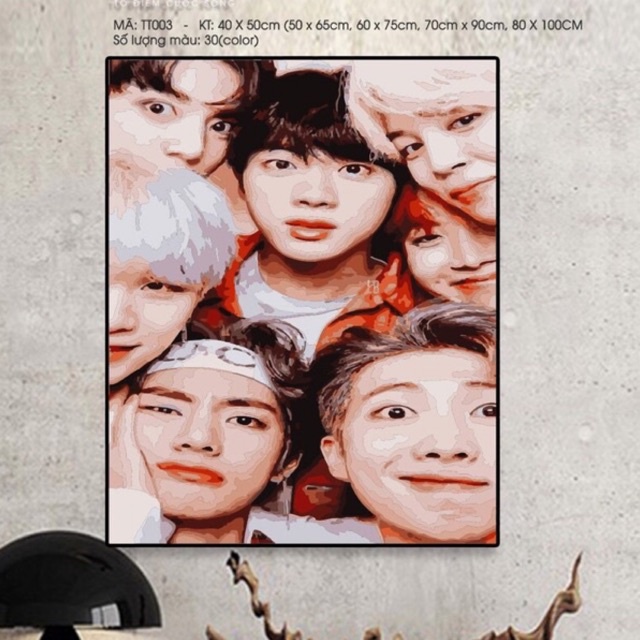 Tranh sơn dầu số hoá - Tranh nhóm nhạc Hàn Quốc BTS, size 40x50cm, Khung dày