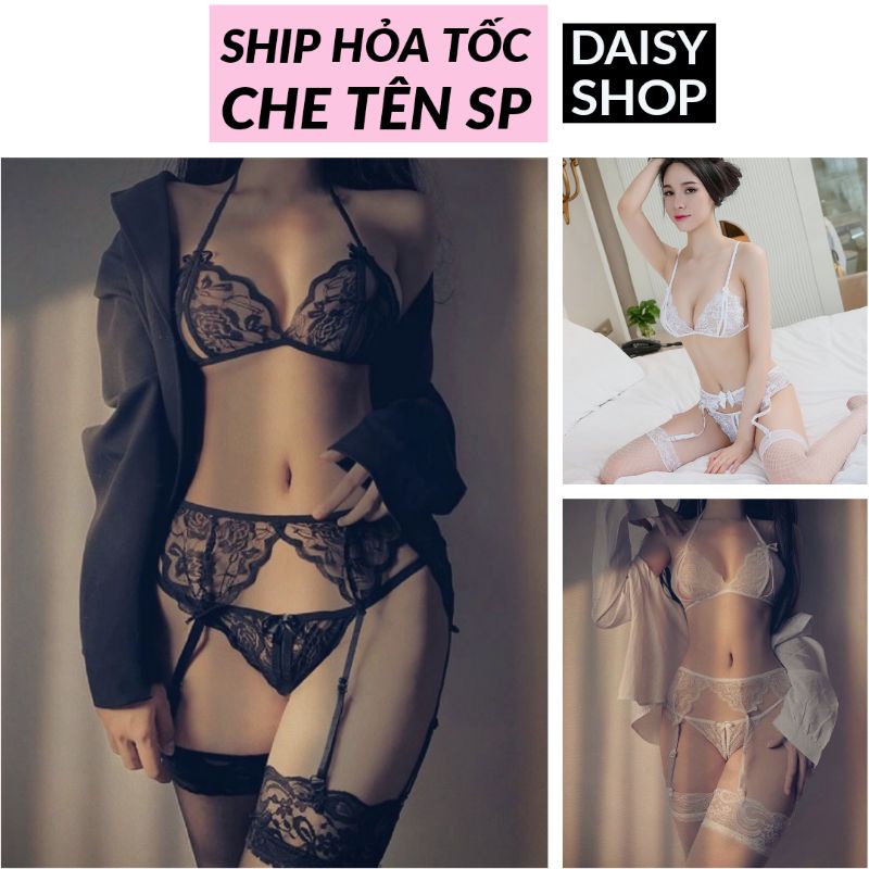 Bộ đồ lót lọt khe kèm kẹp nịt tất - set nội y lingerie ren lưới hở đáy kèm đai kẹp nịt tất